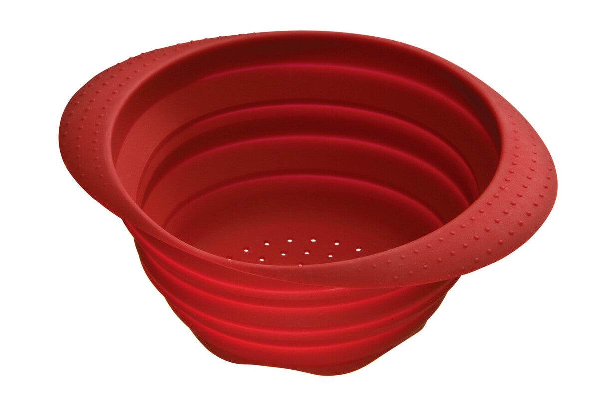 Red silicone collapsible colander shown empty on a white background.