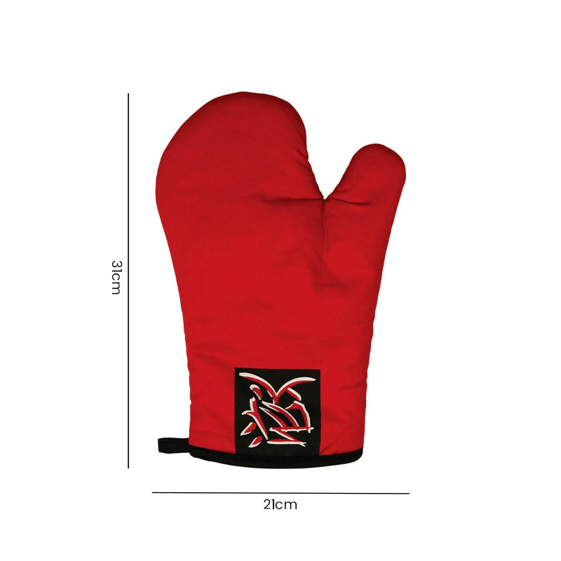 Red single oven glove with embroidered crest shown flat on white background with size dimensions