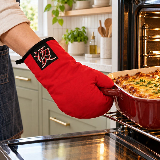 Red single oven glove with embroidered badge used to remove a casserole dish from a hot oven