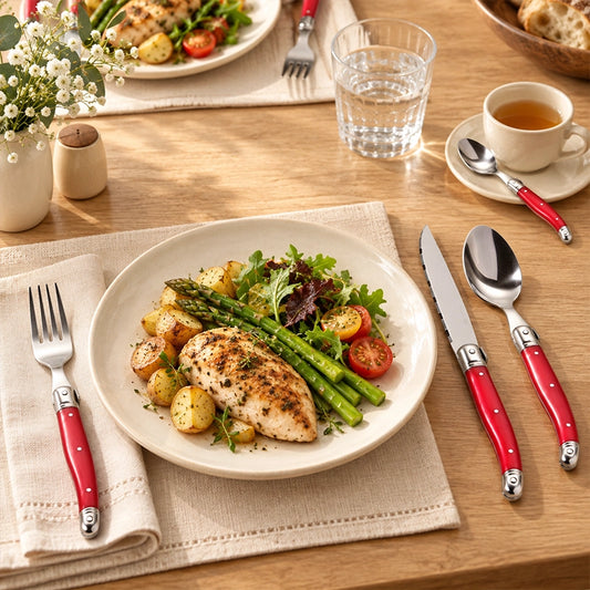 Red stainless steel cutlery set with fork, knife and spoon placed alongside a grilled chicken and asparagus dinner plate