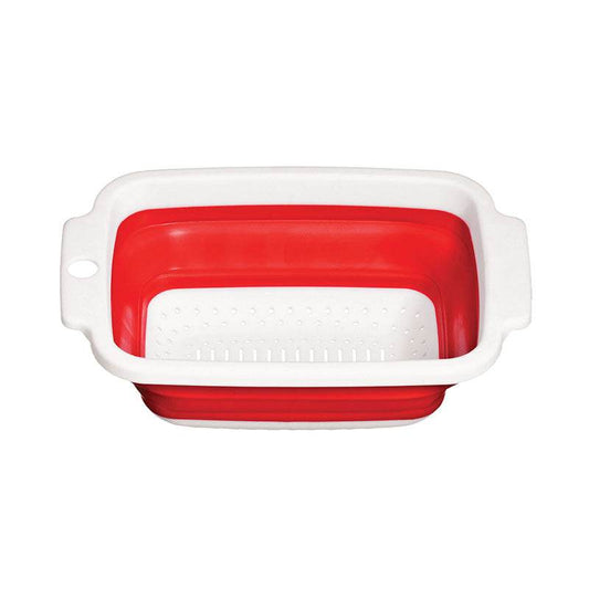 Red and white rectangular collapsible colander shown empty at an angle.