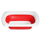 Red and white rectangular collapsible colander shown empty from above.