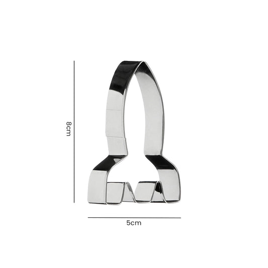 Rocket shaped stainless steel cookie cutter measuring 8cm tall and 5cm wide