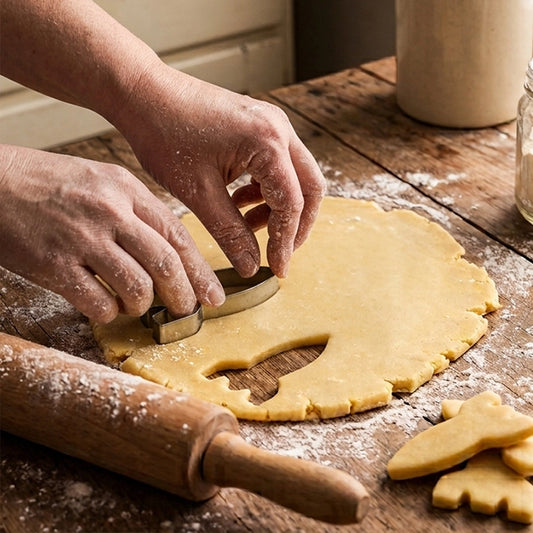 Hand pressing a rocket shape cookie cutter into rolled dough to make space themed cookies