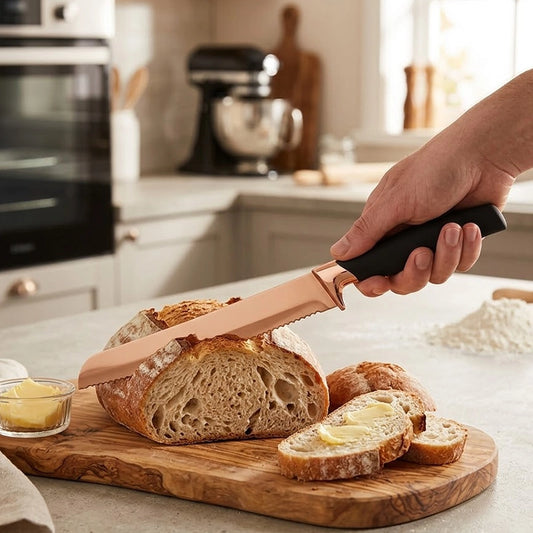 Rose gold serrated bread knife cutting a sourdough loaf on a wooden board with buttered slices