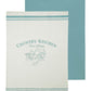 Set of 2 kitchen tea towels featuring a solid teal towel and a white cotton towel with teal Country Kitchen Free Range print