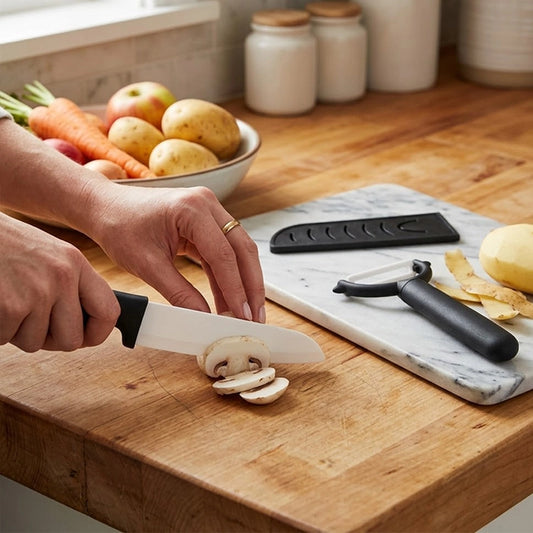White ceramic kitchen knife slicing mushrooms next to a black peeler and blade cover on a marble board