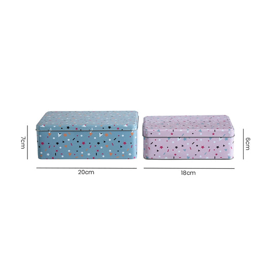 Set of 2 metal storage boxes in blue and pink with confetti print, 20cm and 18cm wide