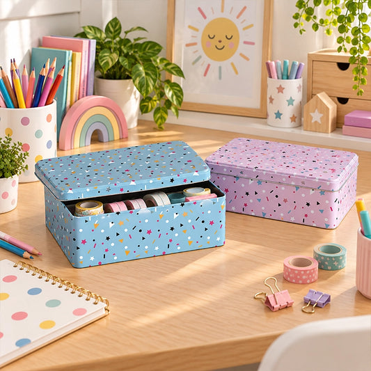 Set of 2 speckled storage boxes with lids in pastel blue and lilac, one open holding washi tape rolls on a desk