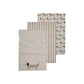 Set of 3 cream cotton kitchen towels featuring a plain white, beige stripe, and dachshund dog print design on white background