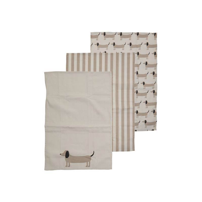 Set of 3 cream cotton kitchen towels featuring a plain white, beige stripe, and dachshund dog print design on white background