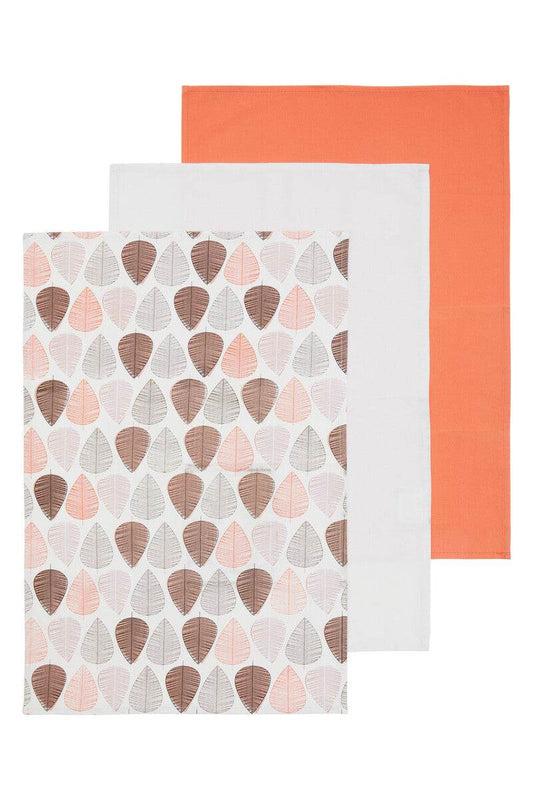 Set of 3 orange cotton kitchen towels including a solid coral orange, plain light grey, and a leaf print design in orange, pink, and brown on white background