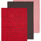 Set of 3 red kitchen towels including a red typography carnival print, solid charcoal grey, and red and white thin stripe design