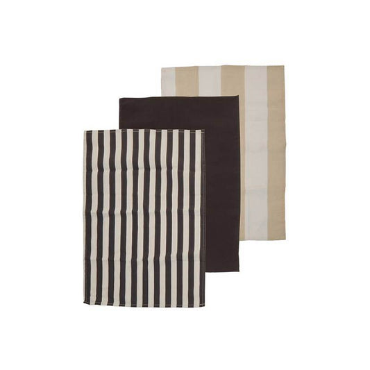 Set of 3 striped kitchen towels in black and white stripes, solid dark brown, and tan beige stripe on a white background