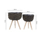 Dimension guide for a set of two black planters on wooden legs showing height and width measurements