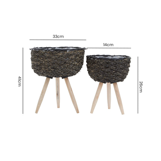 Dimension guide for a set of two black planters on wooden legs showing height and width measurements