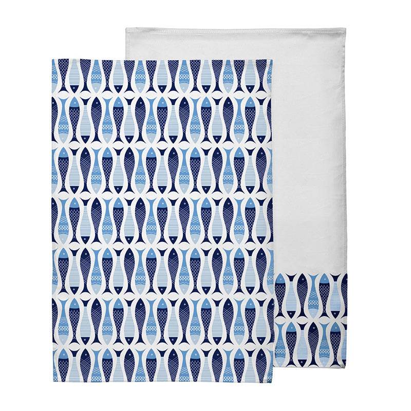 Set of 2 blue and white tea towels with a bold fish print pattern and a plain white towel on a white background