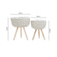 Size chart for a set of two white planters on wooden tripod stands with labelled measurements