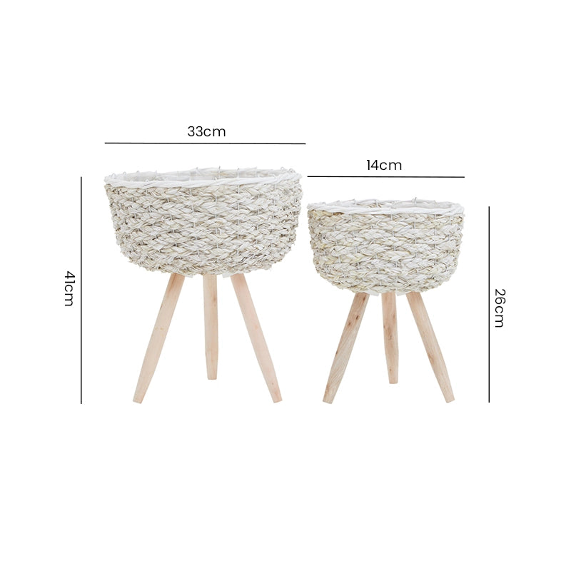 Size chart for a set of two white planters on wooden tripod stands with labelled measurements