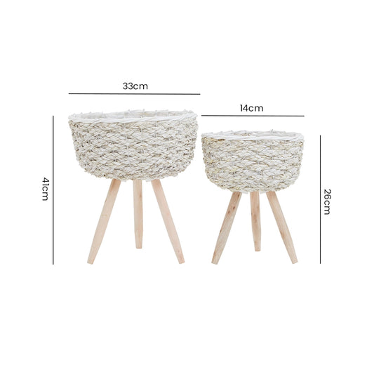 Size chart for a set of two white planters on wooden tripod stands with labelled measurements