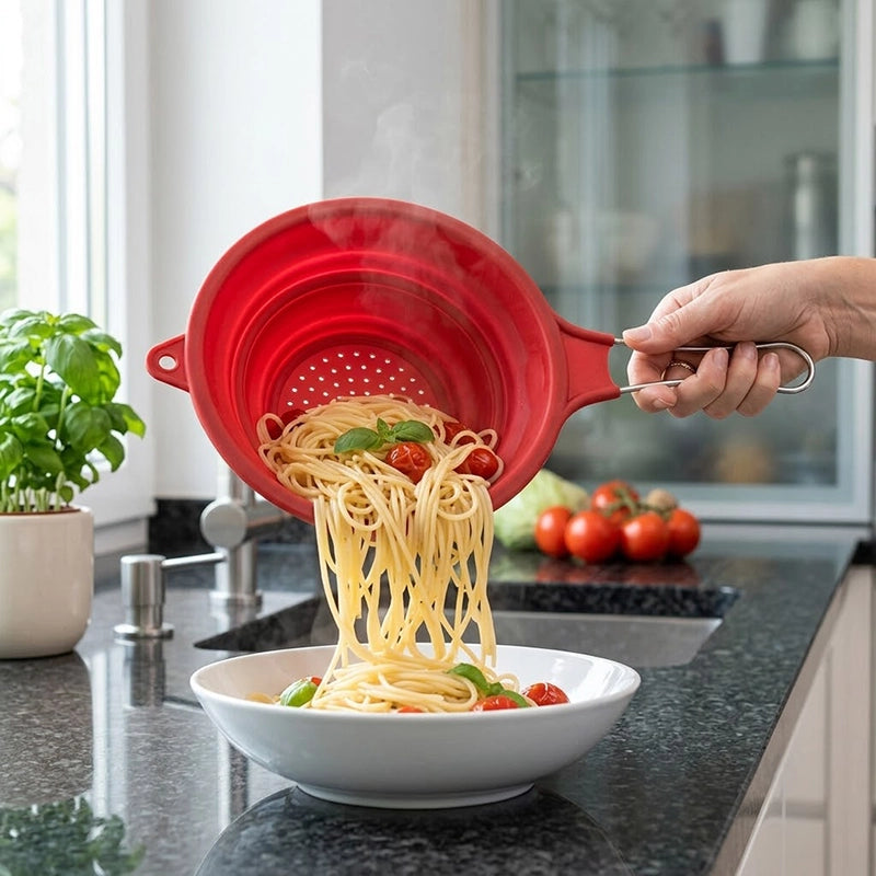 Red silicone strainer with a steel handle pouring cooked spaghetti into a white bowl.