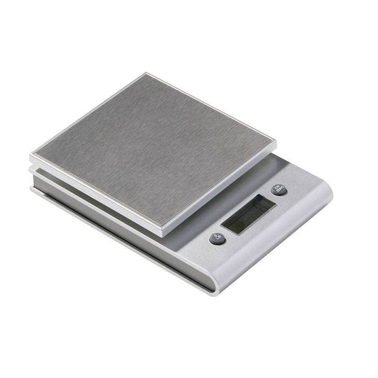 Silver digital kitchen scale with metallic finish on white background