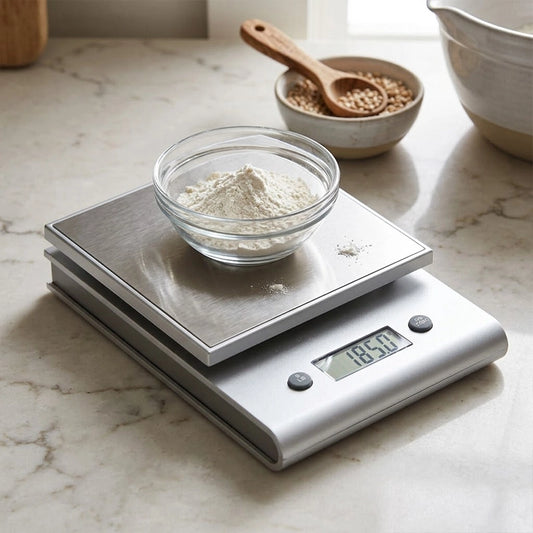 Silver digital kitchen scale weighing a bowl of flour on marble countertop