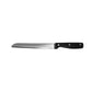 Silver stainless steel serrated bread knife with a black riveted handle on a white background