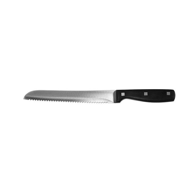 Silver stainless steel serrated bread knife with a black riveted handle on a white background