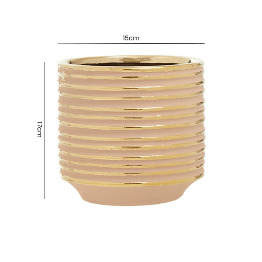 Size guide for a small gold ribbed ceramic planter showing height and width measurements