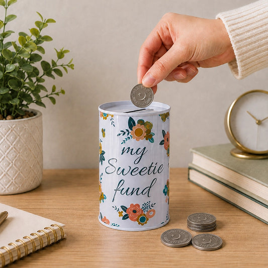 Small floral money box with “My Sweetie Fund” lettering and coin slot displayed on a wooden desk