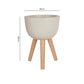 Dimension diagram of a small white round planter on a wooden tripod stand with height and width labelled