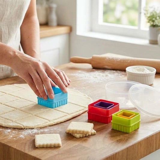 Colourful 5 piece square cookie cutter set with crinkle edges cutting biscuit dough