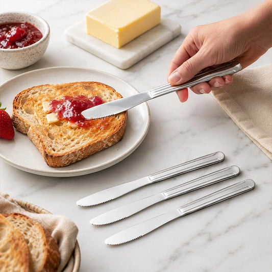 Stainless steel silver dinner knives on a marble surface beside toast spread with butter and jam