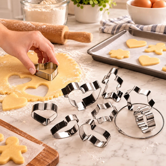 Stainless steel cookie cutter set of 8 pcs in heart, star and gingerbread shapes on a floured baking counter