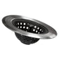Stainless steel sink strainer basket with a black mesh insert on white.