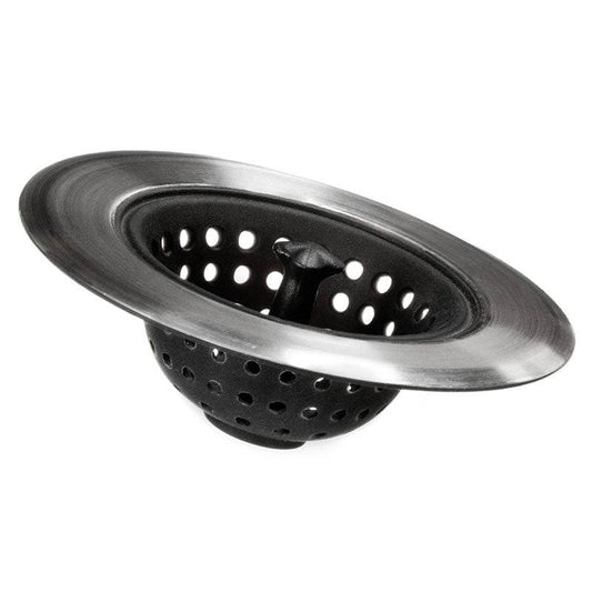 Stainless steel sink strainer basket with a black mesh insert on white.