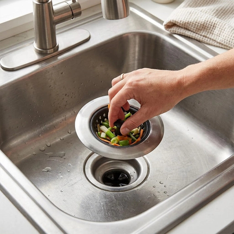 Stainless steel sink strainer catching vegetable scraps while rinsing in the sink.