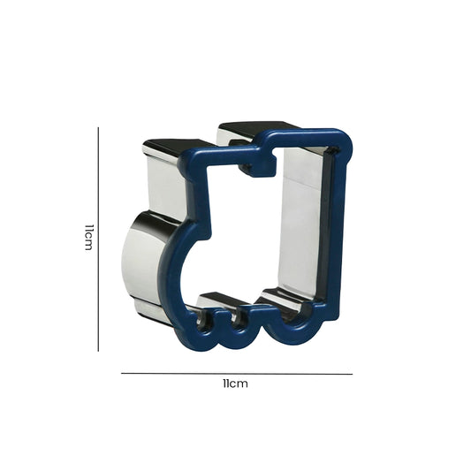 Blue rim stainless steel train cookie cutter measuring 11cm long and 10cm tall