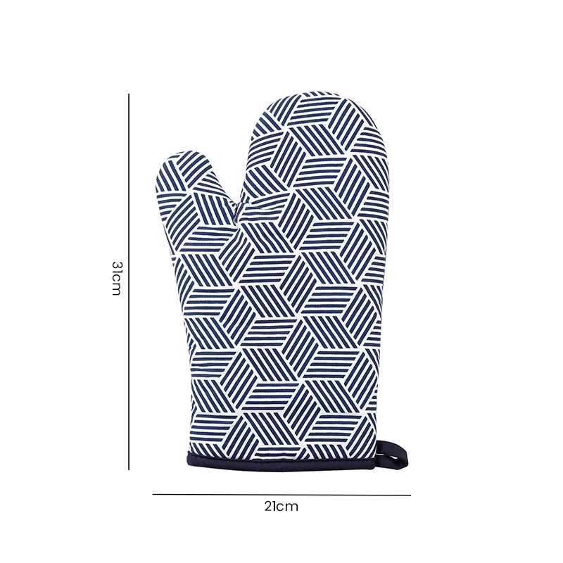 White and blue geometric pattern single oven mitt laid flat on white background with size dimensions