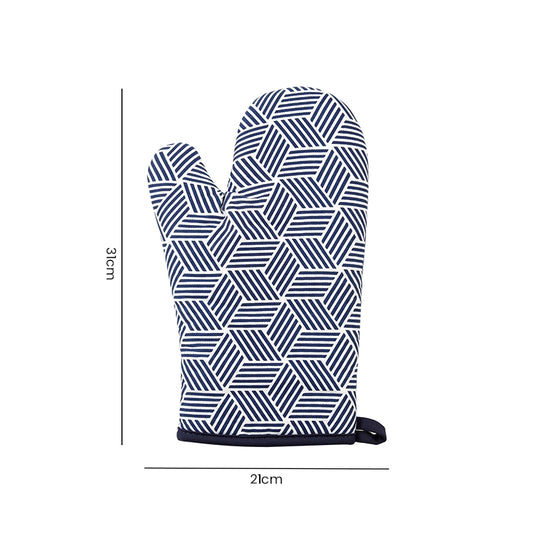 White and blue geometric pattern single oven mitt laid flat on white background with size dimensions