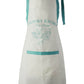 White cotton kitchen apron with teal Country Kitchen Free Range farmhouse graphic print, teal neck tie and front pocket trim on a white background