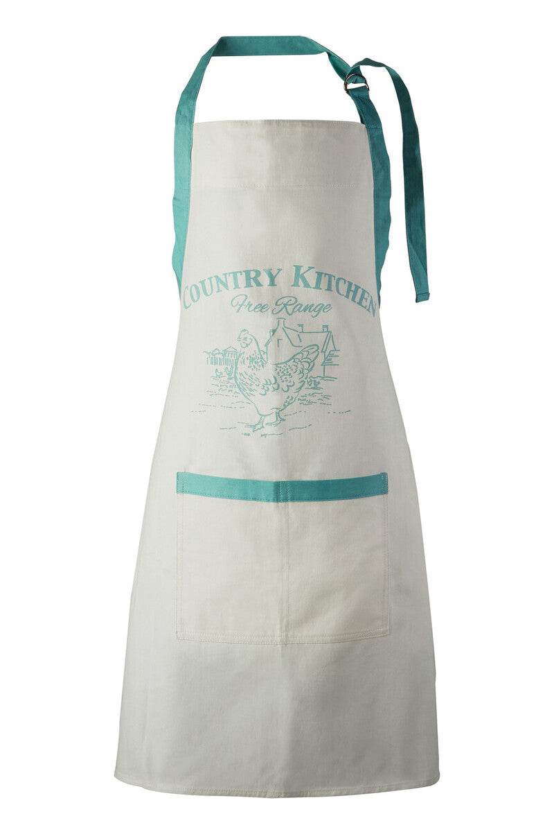 White cotton kitchen apron with teal Country Kitchen Free Range farmhouse graphic print, teal neck tie and front pocket trim on a white background