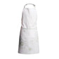 White kitchen apron with subtle green floral embroidery at the hem and a single front pocket on a white background