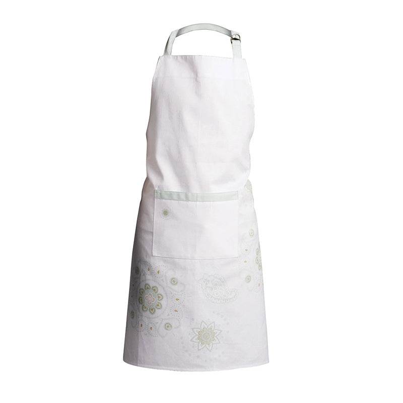 White kitchen apron with subtle green floral embroidery at the hem and a single front pocket on a white background