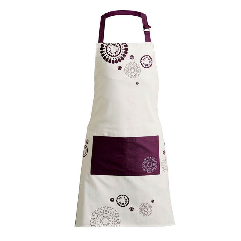 White kitchen apron with purple mandala circle print, purple neck strap and large purple front pocket on a white background